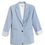 Stitch Fix women’s light blue blazer with grey pinstripe contrast lining rolled sleeves.