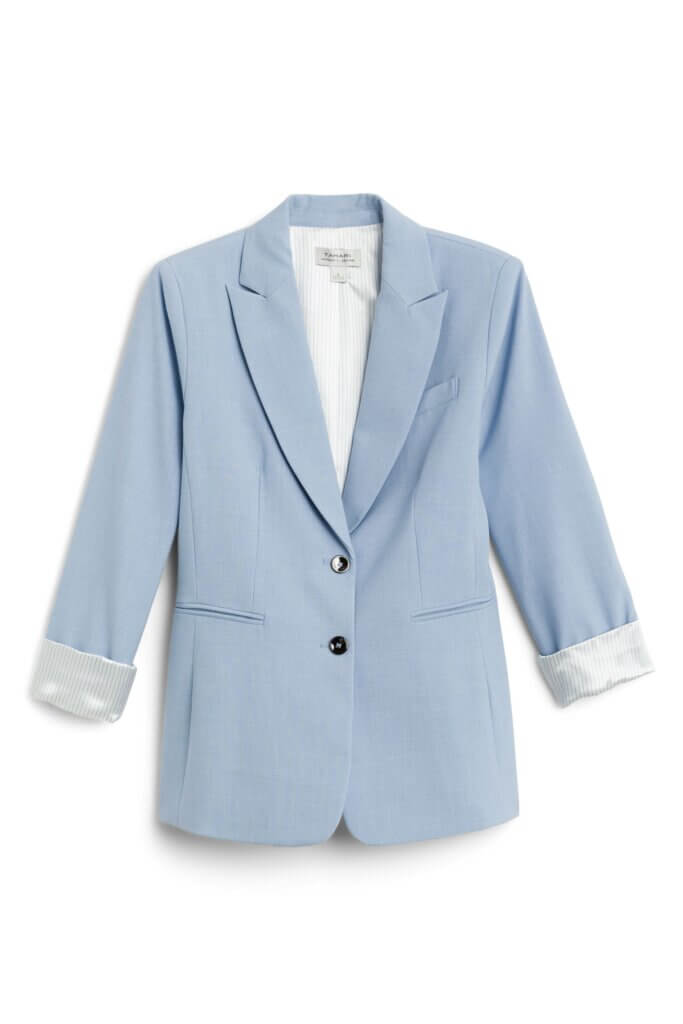 Stitch Fix women’s light blue blazer with grey pinstripe contrast lining rolled sleeves.