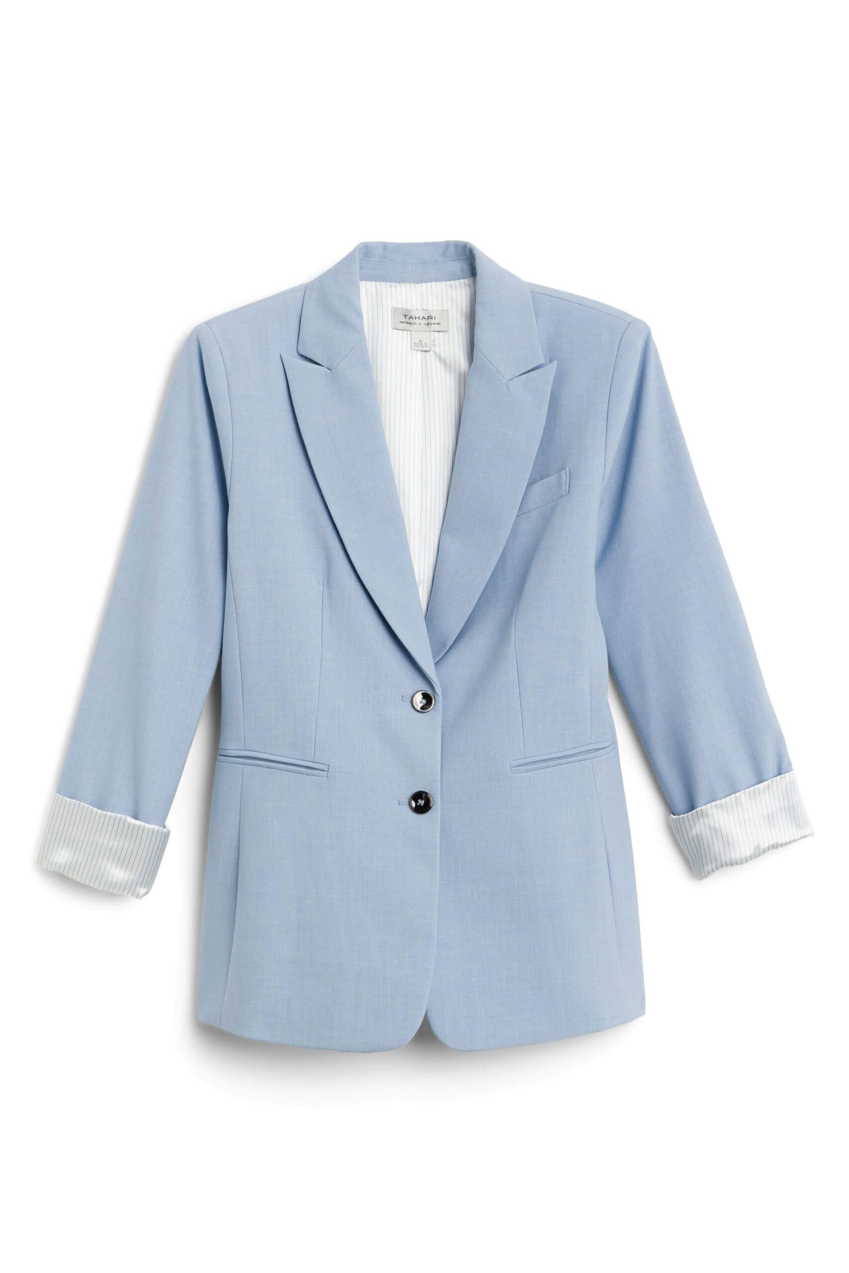 Stitch Fix women’s light blue blazer with grey pinstripe contrast lining rolled sleeves.
