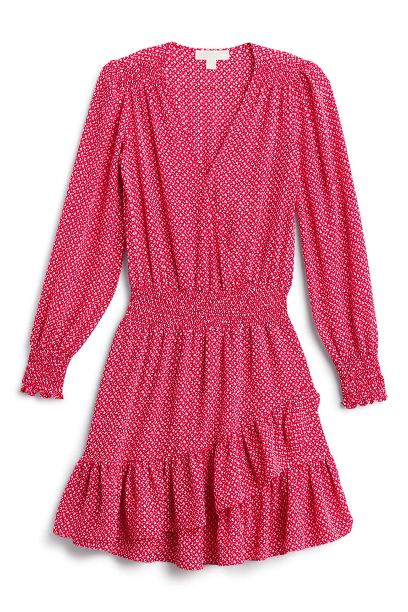 Stitch Fix Women’s date night at home featuring red micro-dot long sleeve dress with tiered hem and gathered sleeve details.