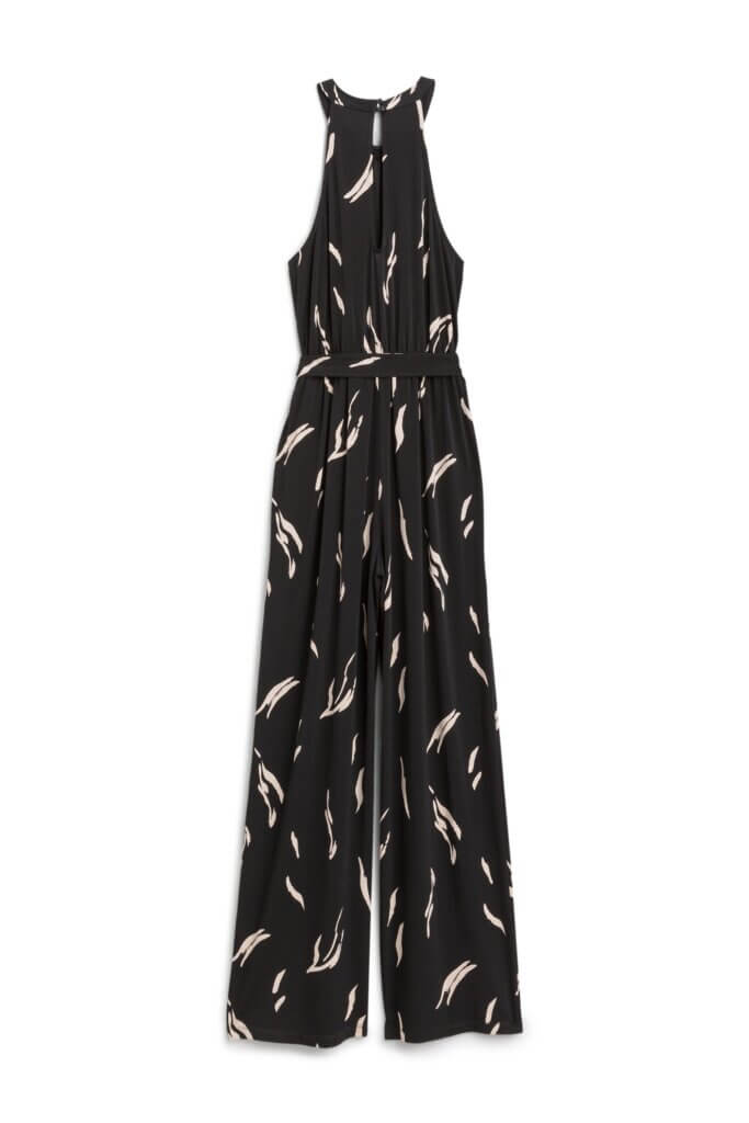 Stitch Fix Summer Cocktail Attire black halter neck jumpsuit with white abstract print.