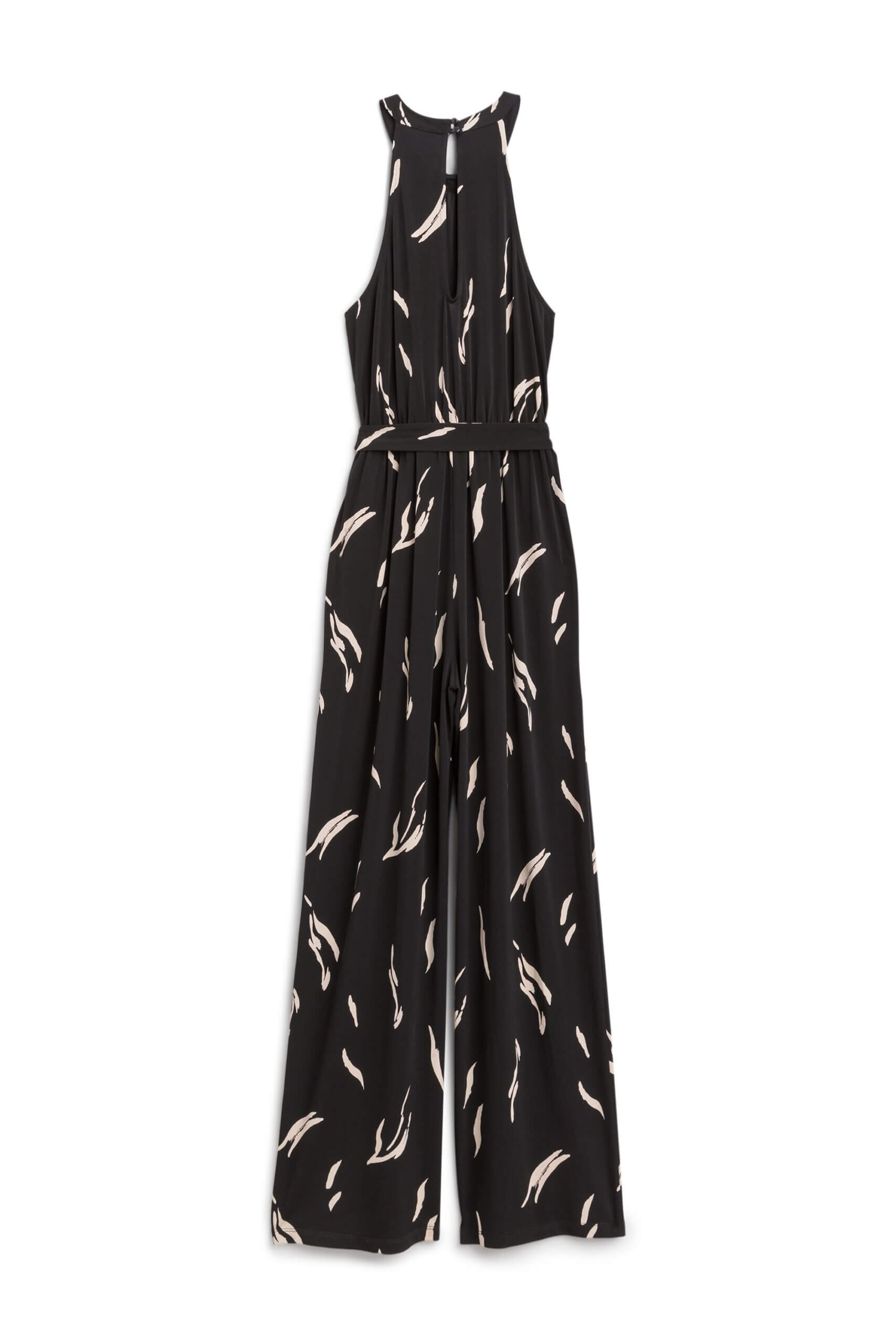 Stitch Fix Summer Cocktail Attire black halter neck jumpsuit with white abstract print.