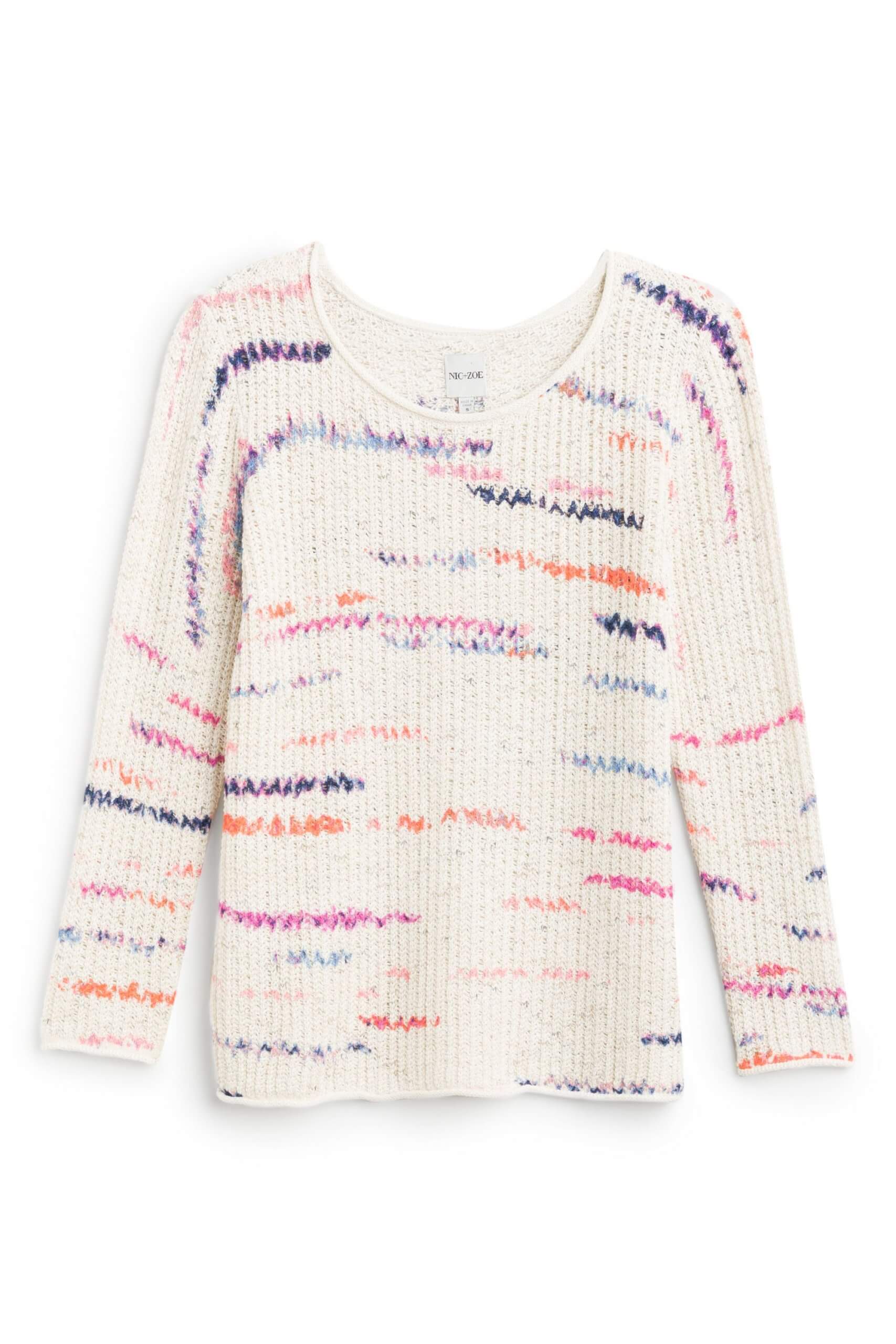 Stitch Fix women’s white pullover sweater with multi-colored thread details.