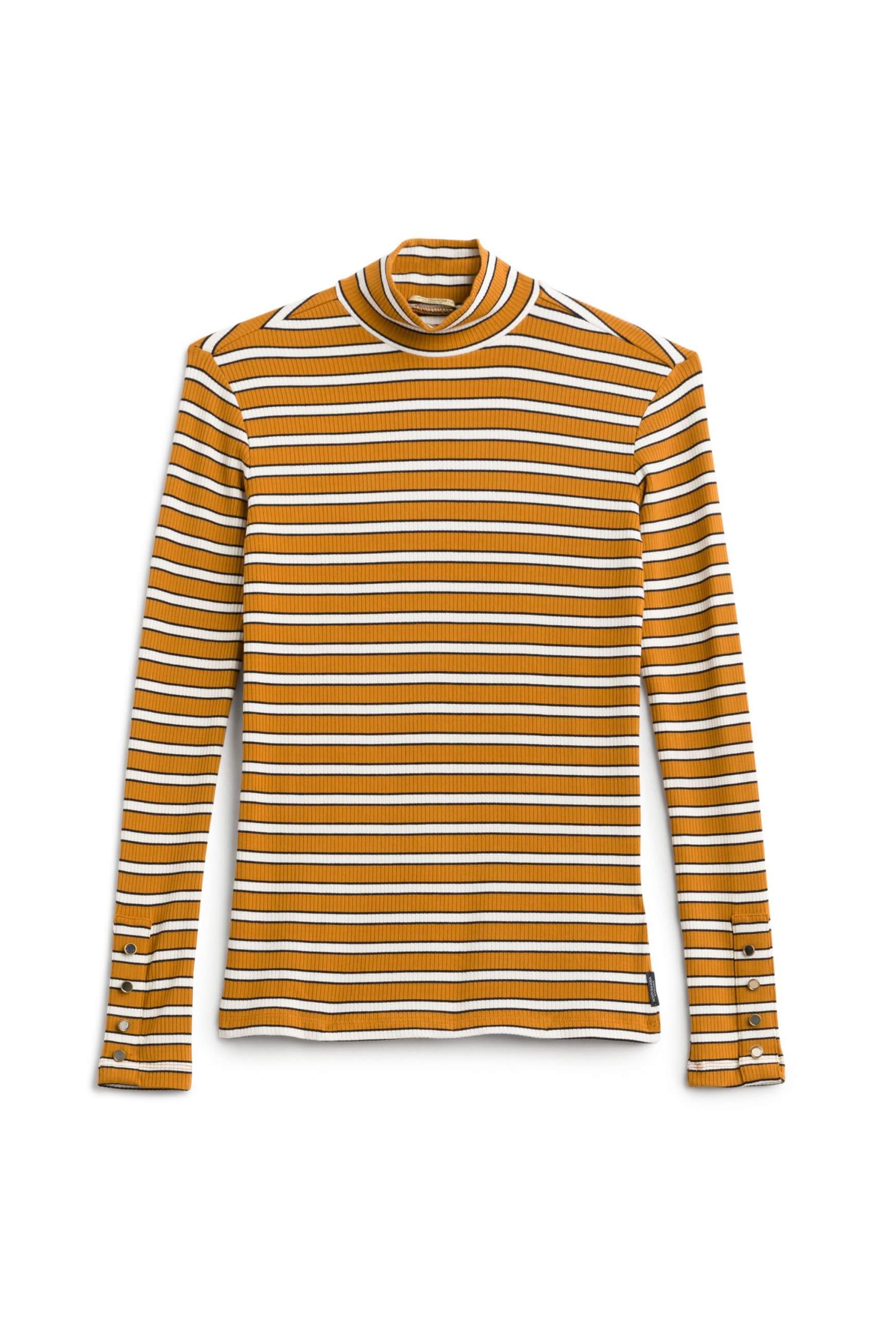 Stitch Fix Women’s mustard striped turtleneck knit top.