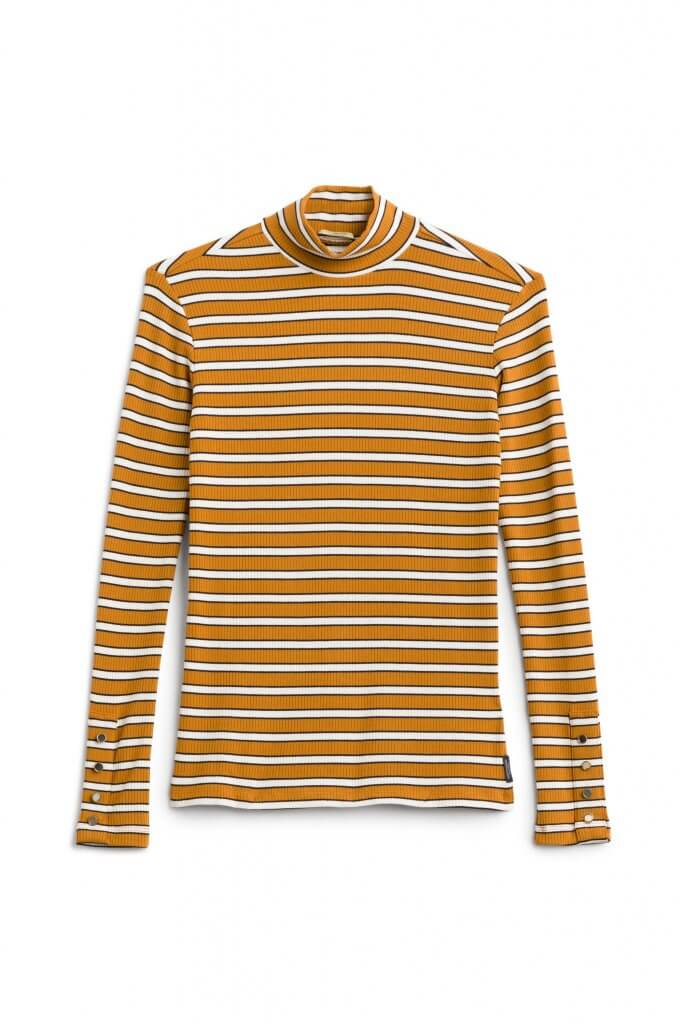 Stitch Fix women’s mustard and white striped long-sleeve turtleneck.