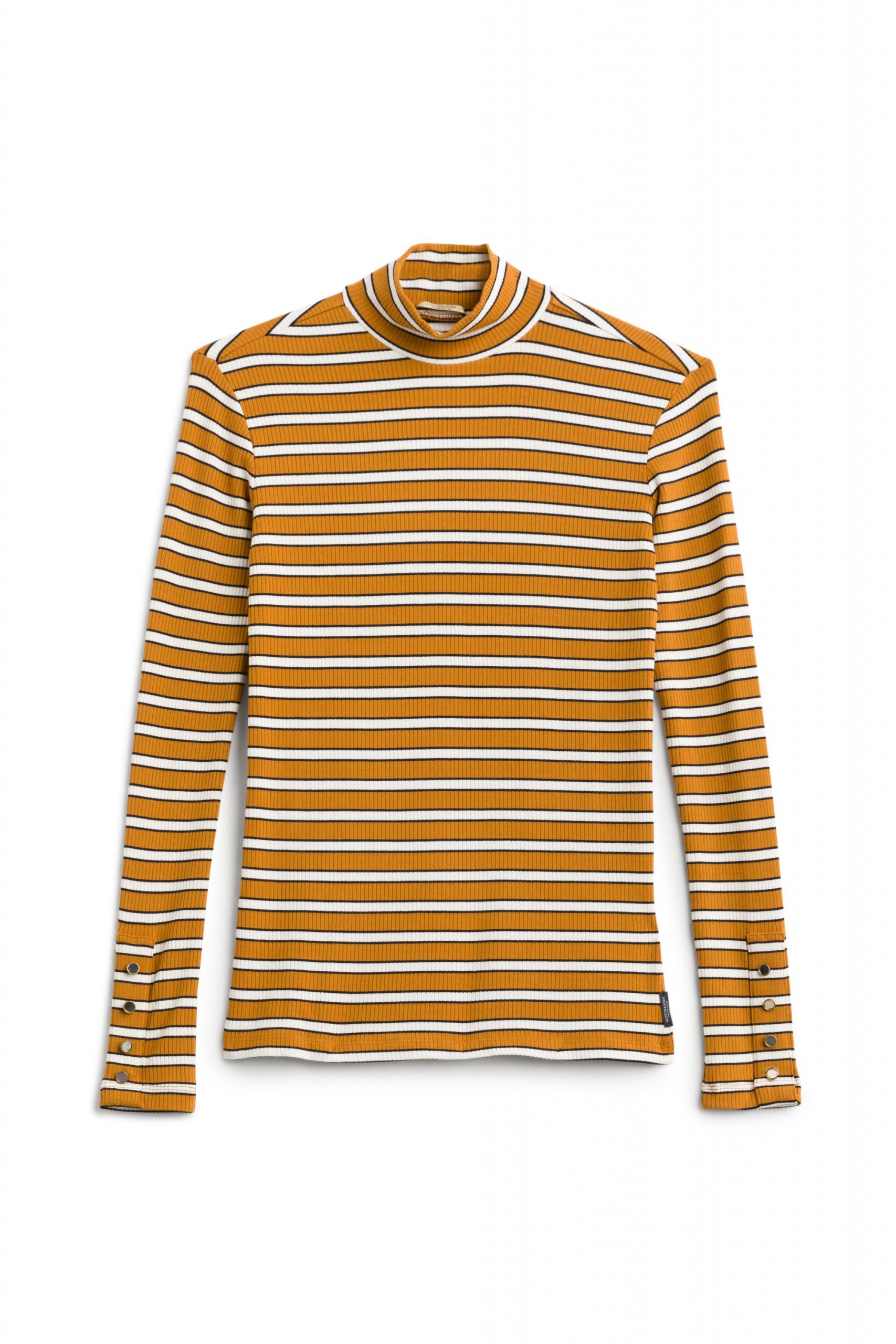 Stitch Fix women’s mustard and white striped long-sleeve turtleneck.