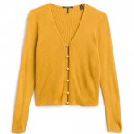 Stitch Fix Women’s mustard cardigan with white pearl buttons.