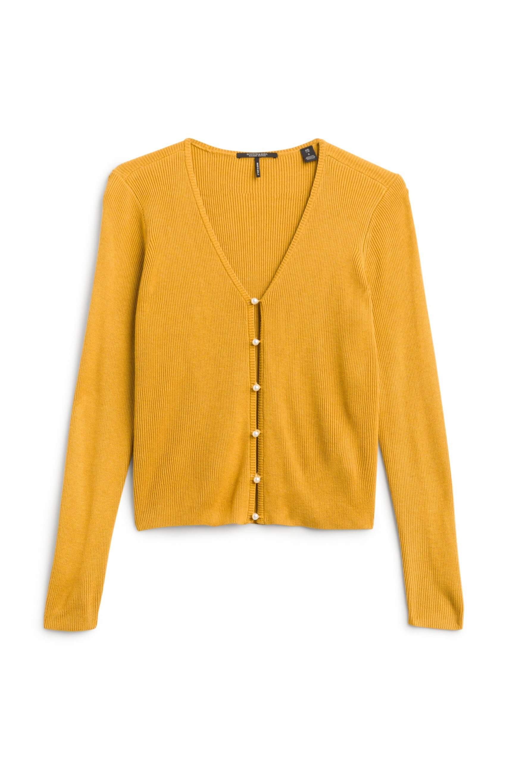 Stitch Fix Women’s mustard yellow cardigan with pearl button detail.