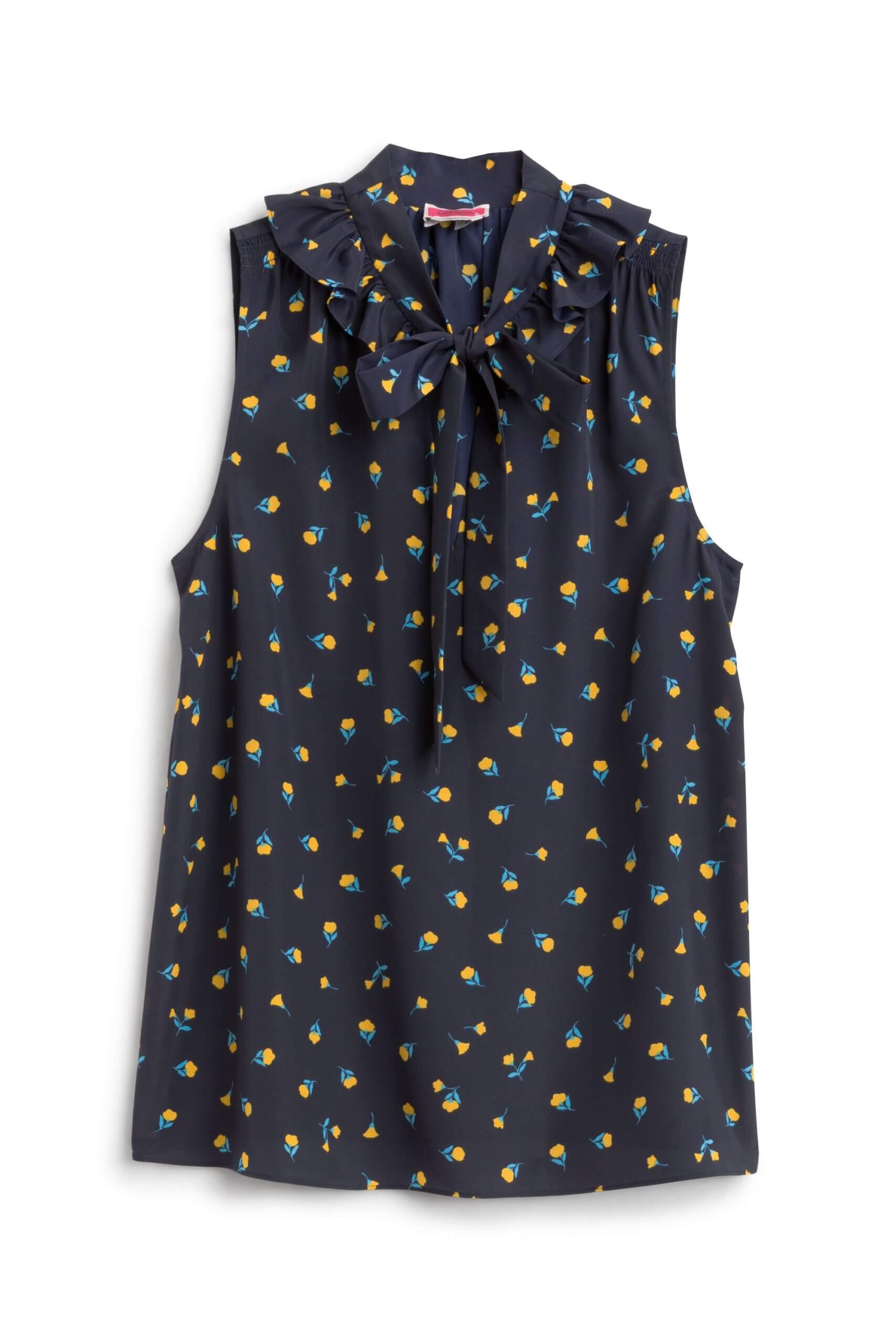 Stitch Fix women’s navy tie-neck blouse with green and yellow floral print.