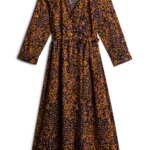 Stitch Fix maxi dress with orange, pink and black abstract floral and dot print with three-quarter sleeves and tie-waist.
