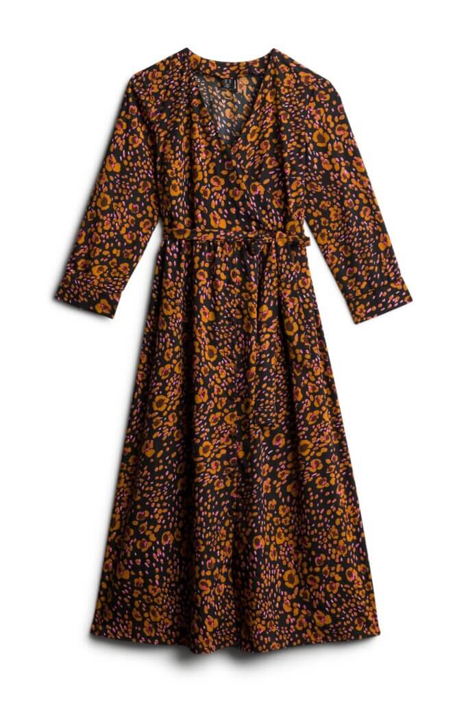 Stitch Fix maxi dress with orange, pink and black abstract floral and dot print with three-quarter sleeves and tie-waist.