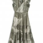 Stitch Fix Women’s olive green palm print tiered maxi featuring tie-neck details and ruffle neck and sleeve details.