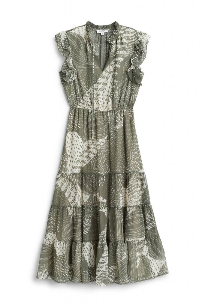 Stitch Fix Women’s olive green palm print tiered maxi featuring tie-neck details and ruffle neck and sleeve details.