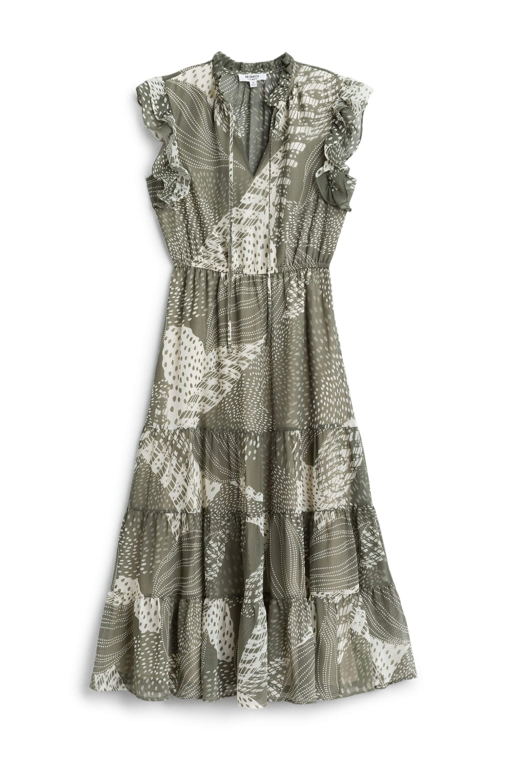 Stitch Fix Women’s olive green palm print tiered maxi featuring tie-neck details and ruffle neck and sleeve details.