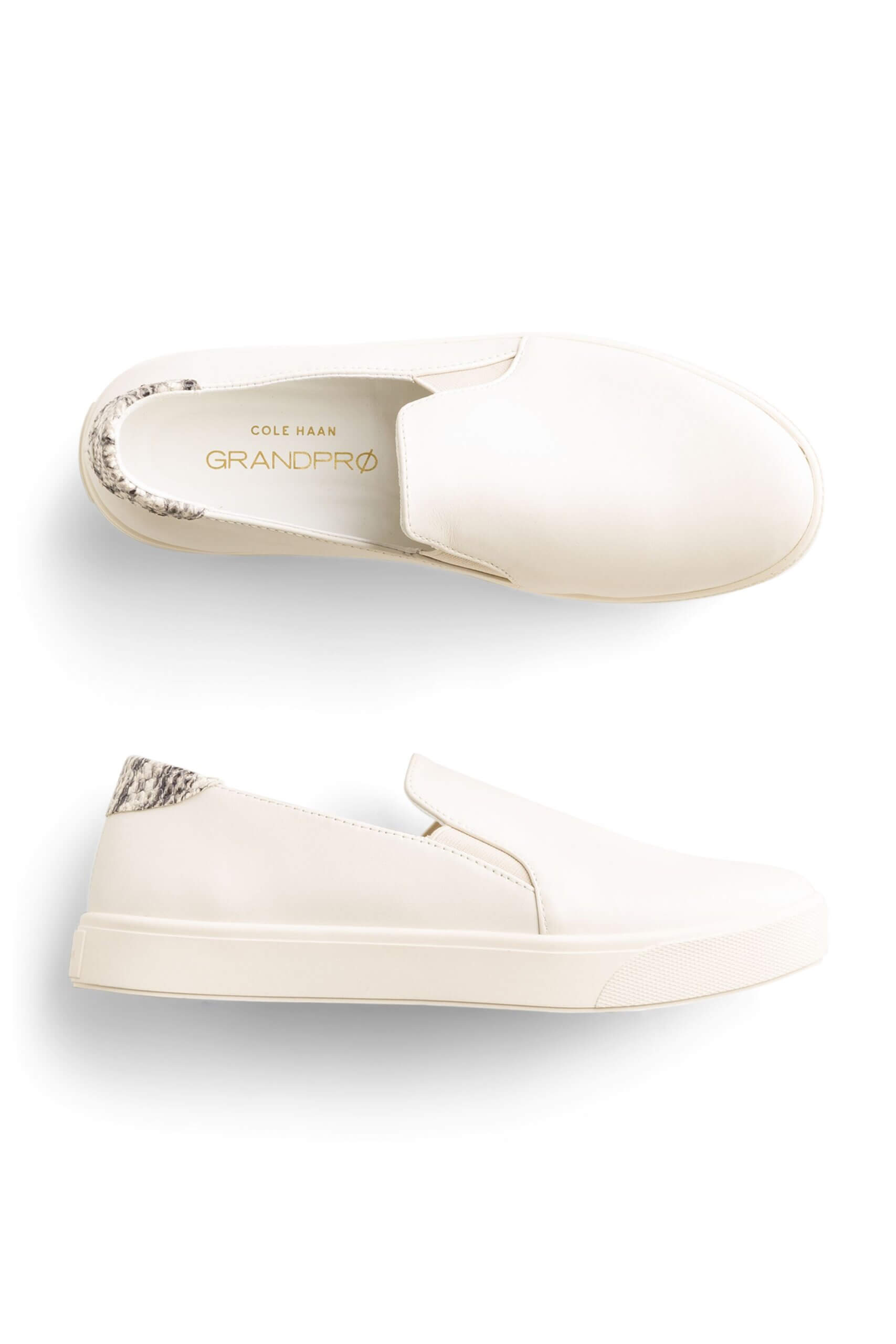 Stitch Fix women’s off-white slip-on sneakers with snake-skin animal-print accent at heel.