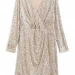 Stitch Fix women’s gold sequin long-sleeve wrap dress.