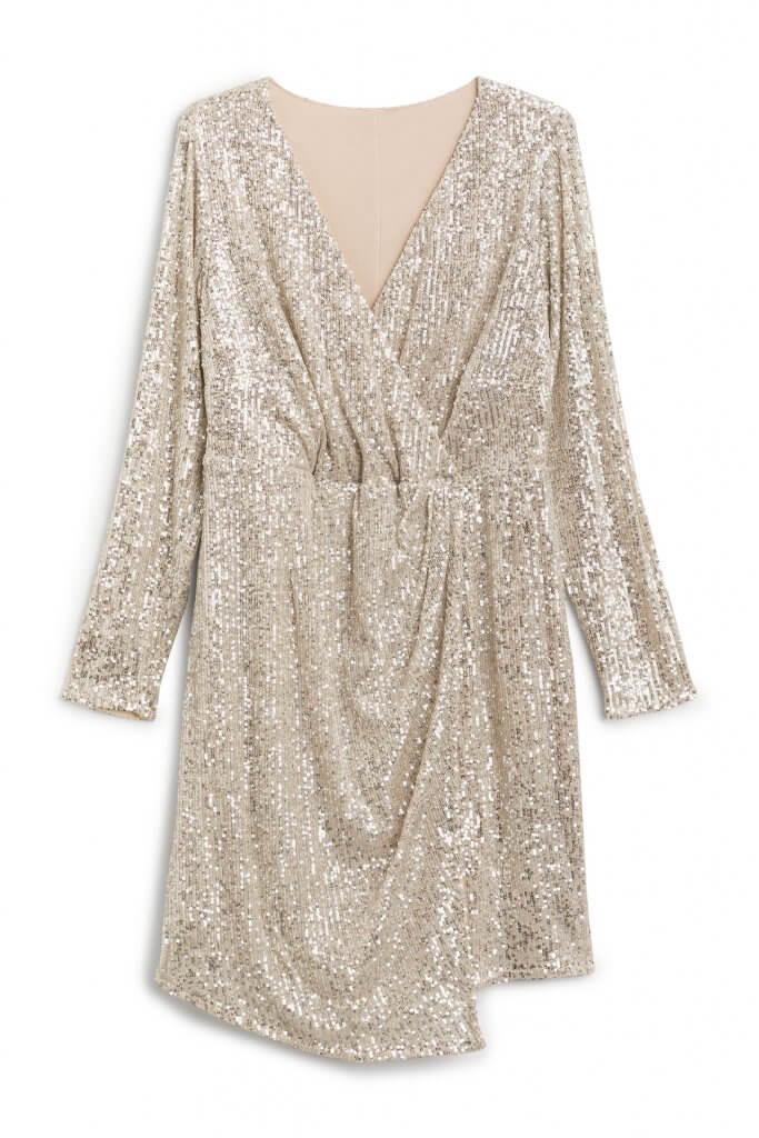 Stitch Fix women’s gold sequin long-sleeve wrap dress.