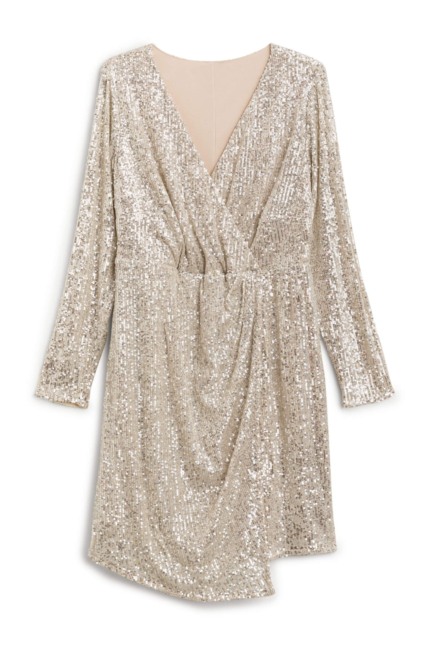 Stitch Fix women’s gold sequin long-sleeve wrap dress.