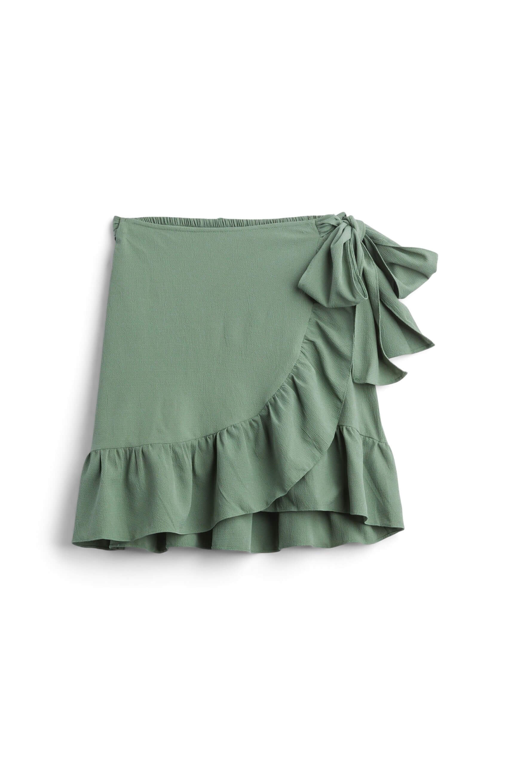 Stitch Fix women’s olive green ruffle wrap skirt with tie detail.