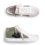 Stitch Fix Women’s Collection featuring olive green and white high top sneakers with leopard print detailing.