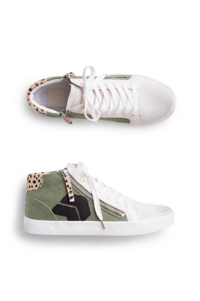 Stitch Fix Women’s Collection featuring olive green and white high top sneakers with leopard print detailing.