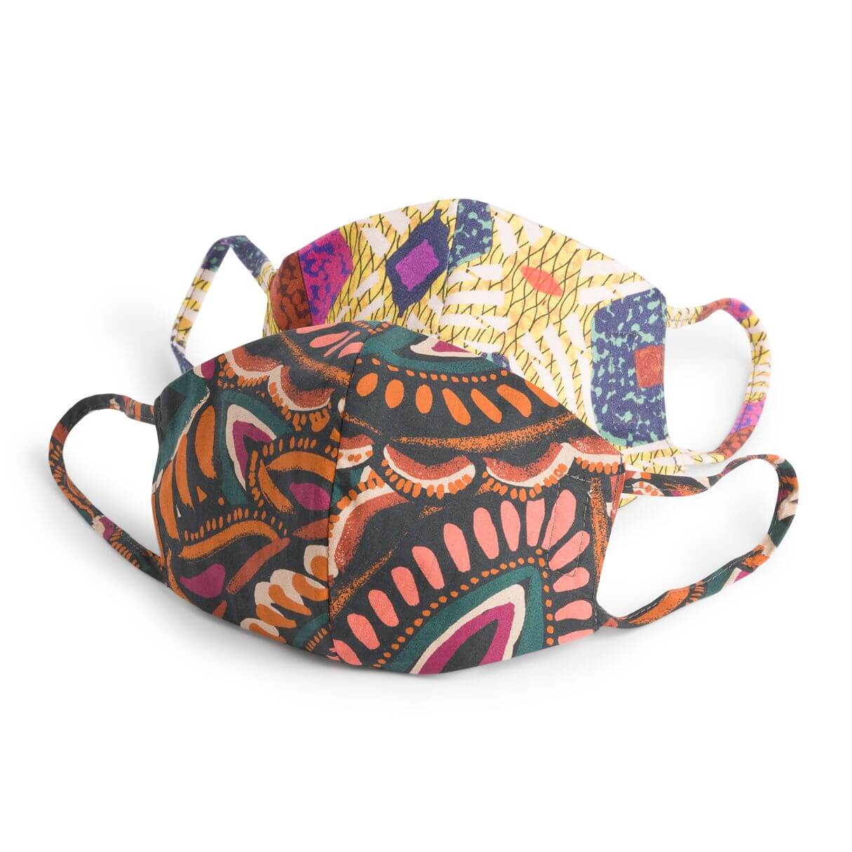 Stitch Fix Women’s Masks in boho print with orange, pink and olive green. Mask in boho print with yellow and blue.