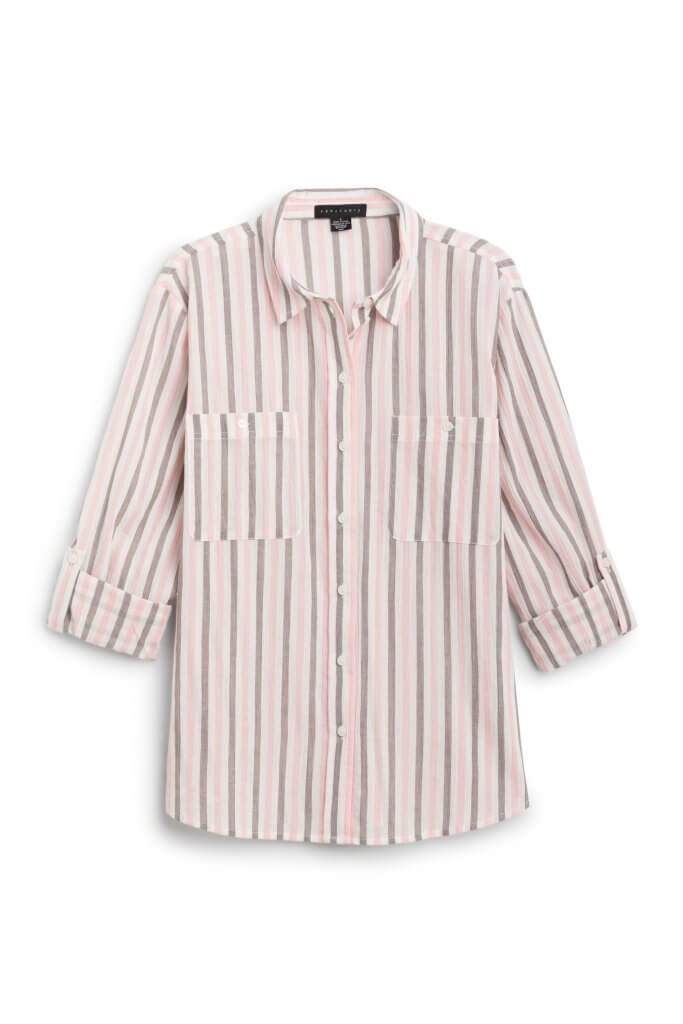Stitch Fix women’s pink and grey striped button-down shirt.