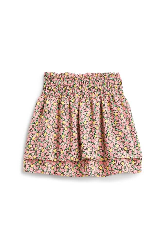 Stitch Fix women's pink, white and green smocked-waist, ruffle mini skirt.
