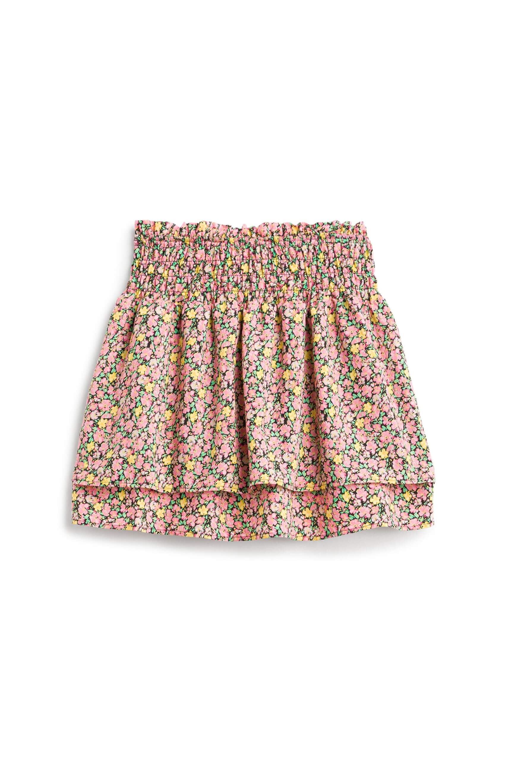 Stitch Fix women's pink, white and green smocked-waist, ruffle mini skirt.