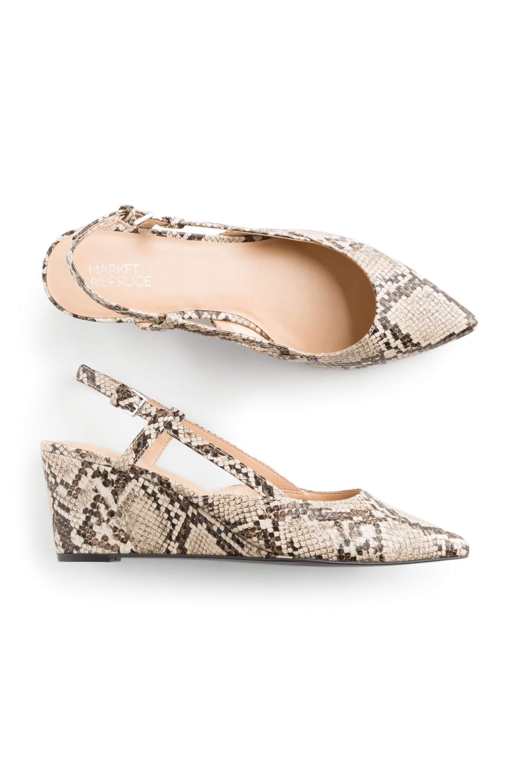 Stitch Fix women’s pointed slingback wedges with snakeskin print.