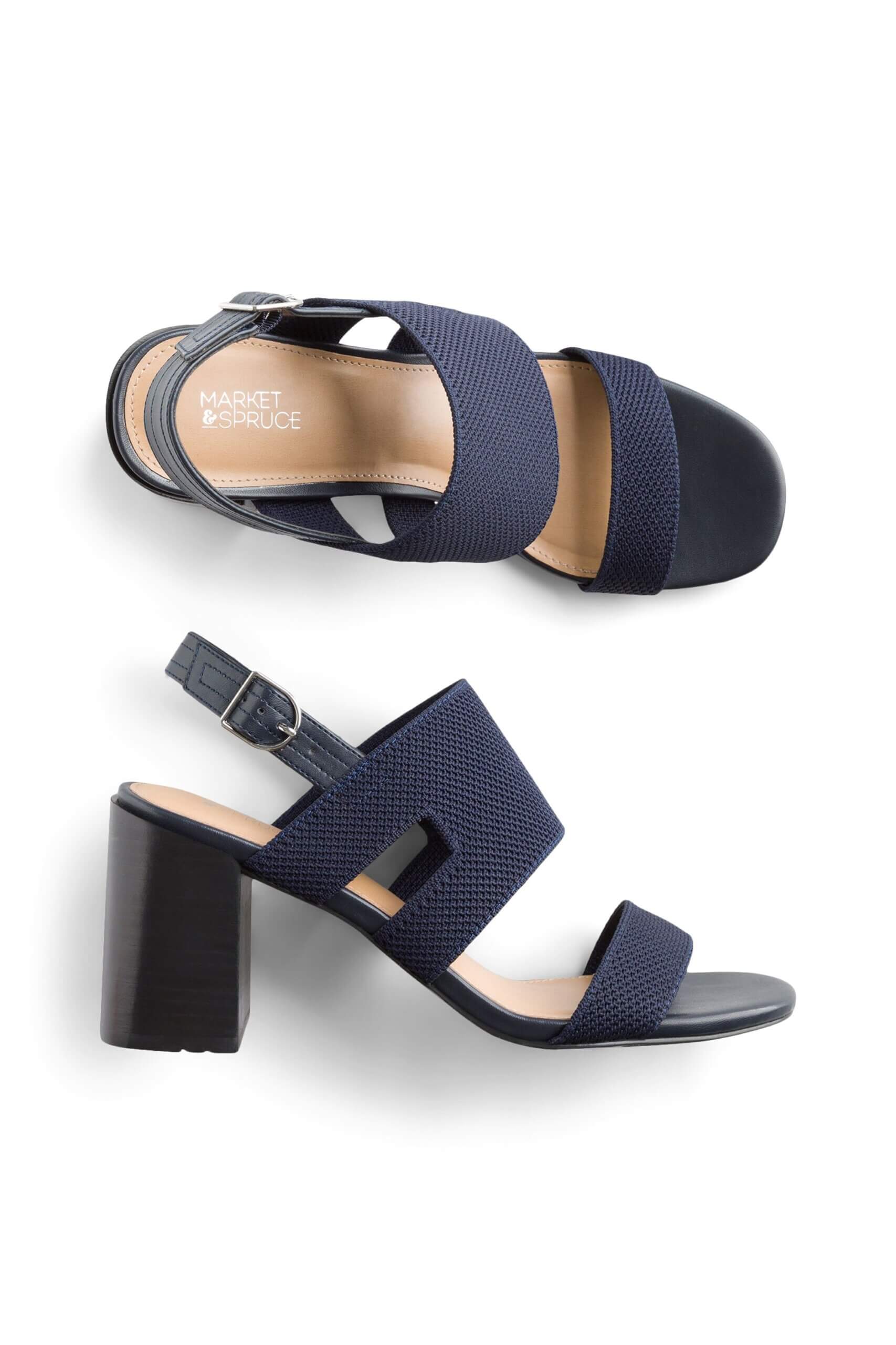 Stitch Fix women’s navy knit heeled sandals with black block heels.
