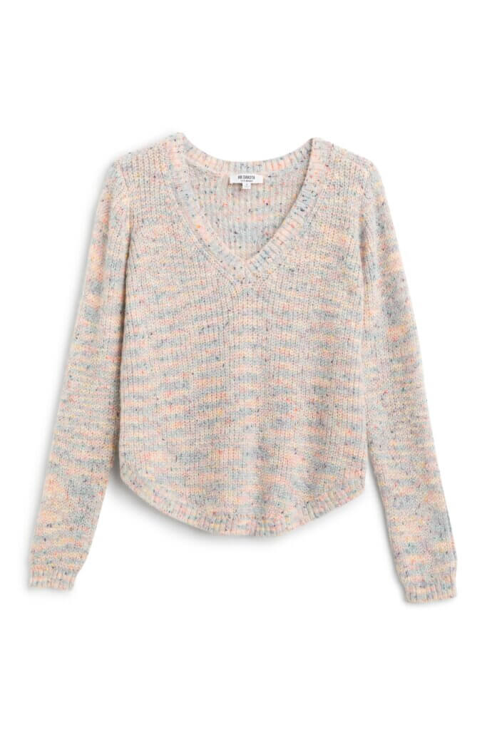 Stitch Fix women's multi-colored, speckled v-neck sweater.