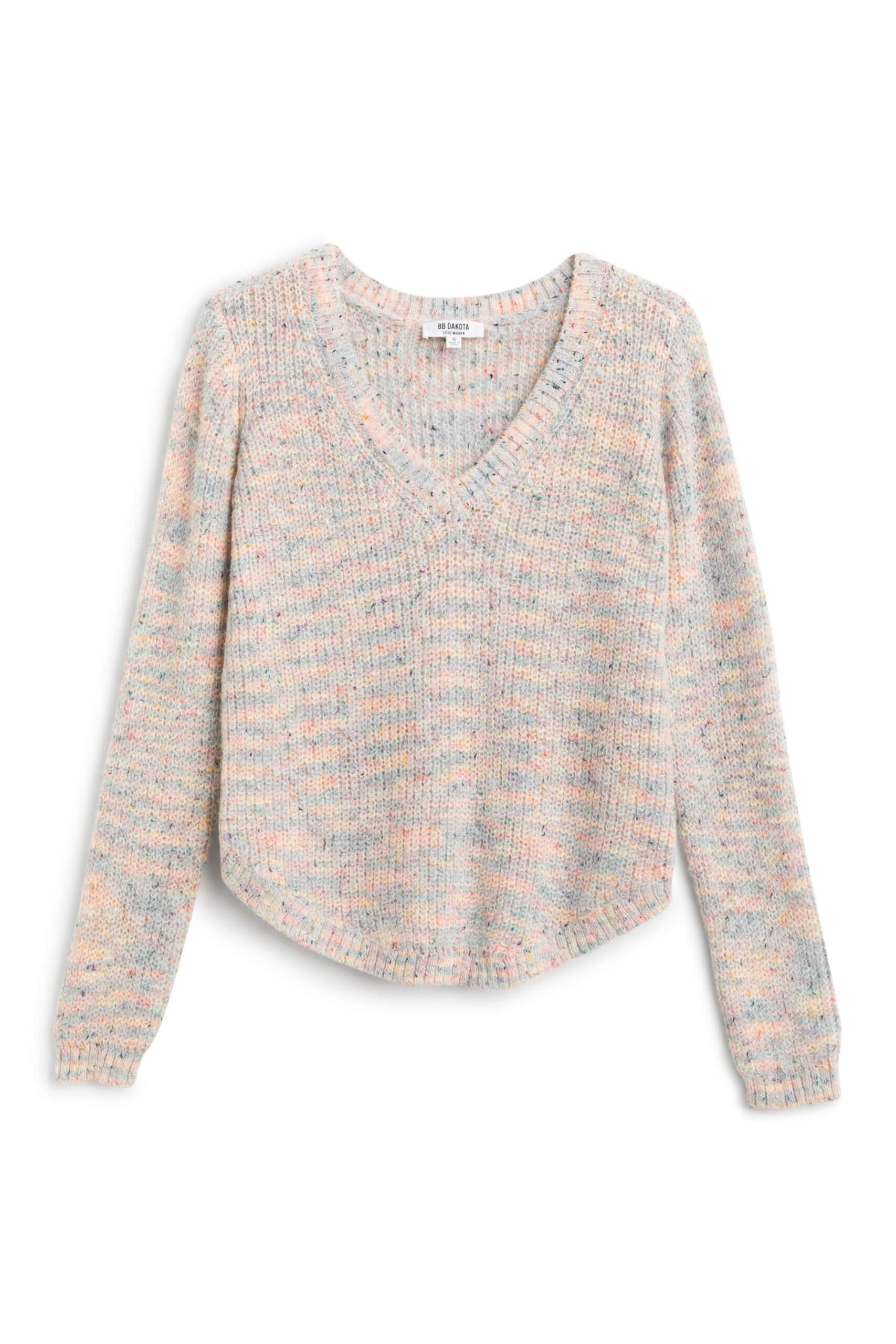 Stitch Fix women's multi-colored, speckled v-neck sweater.