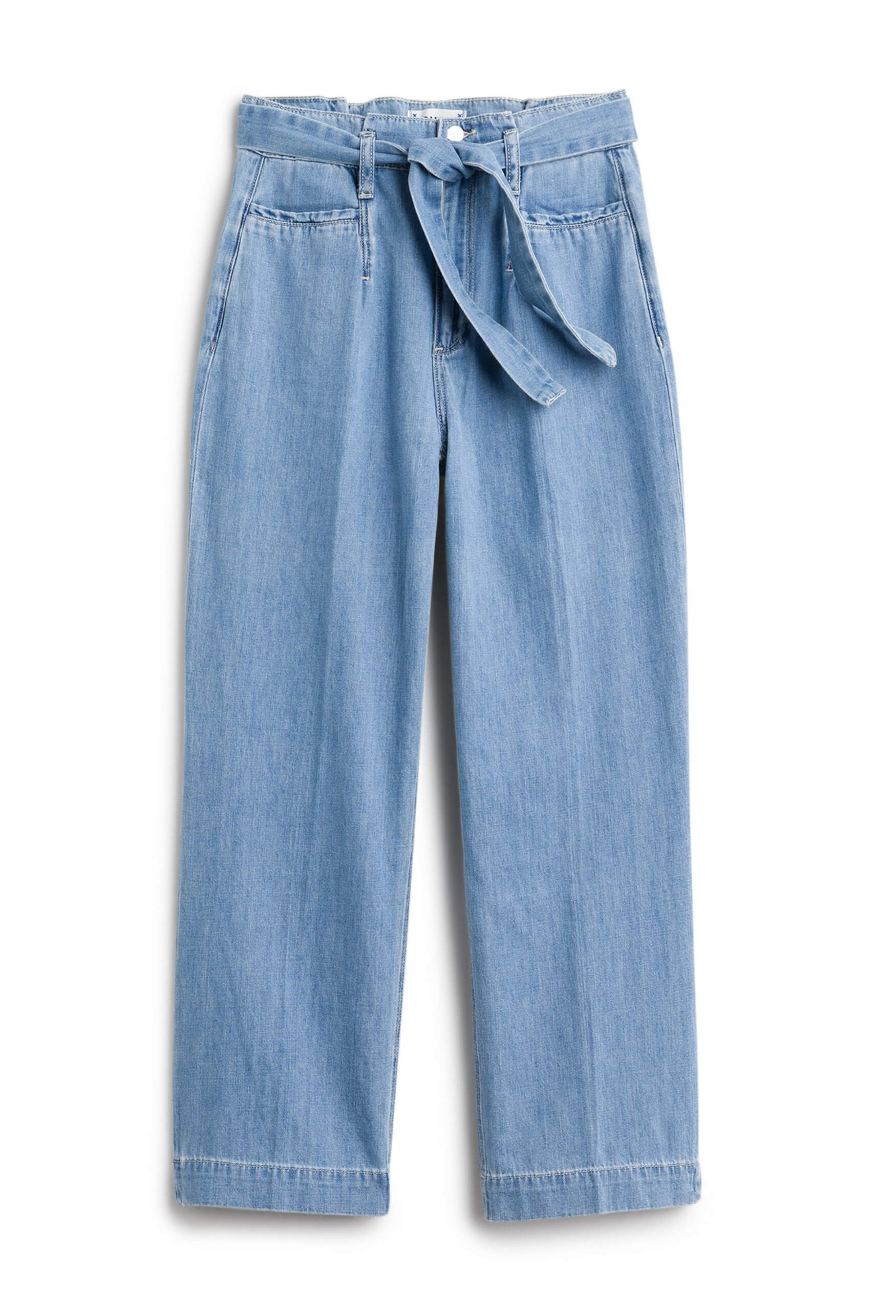Stitch Fix women’s blue wide leg, tie waist jeans.
