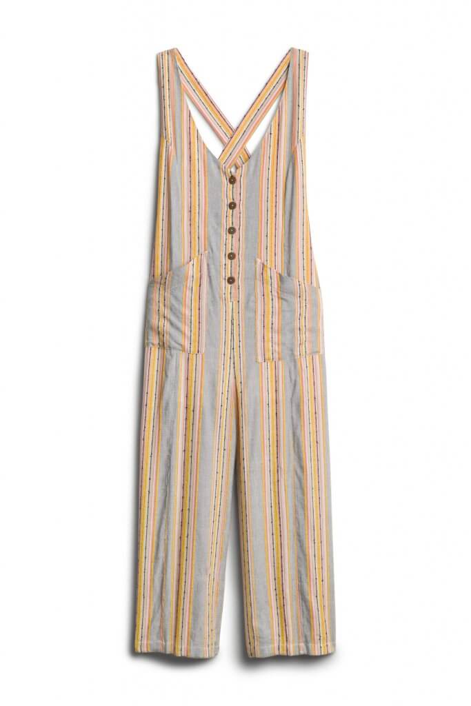 Stitch Fix women’s yellow and grey striped overalls.