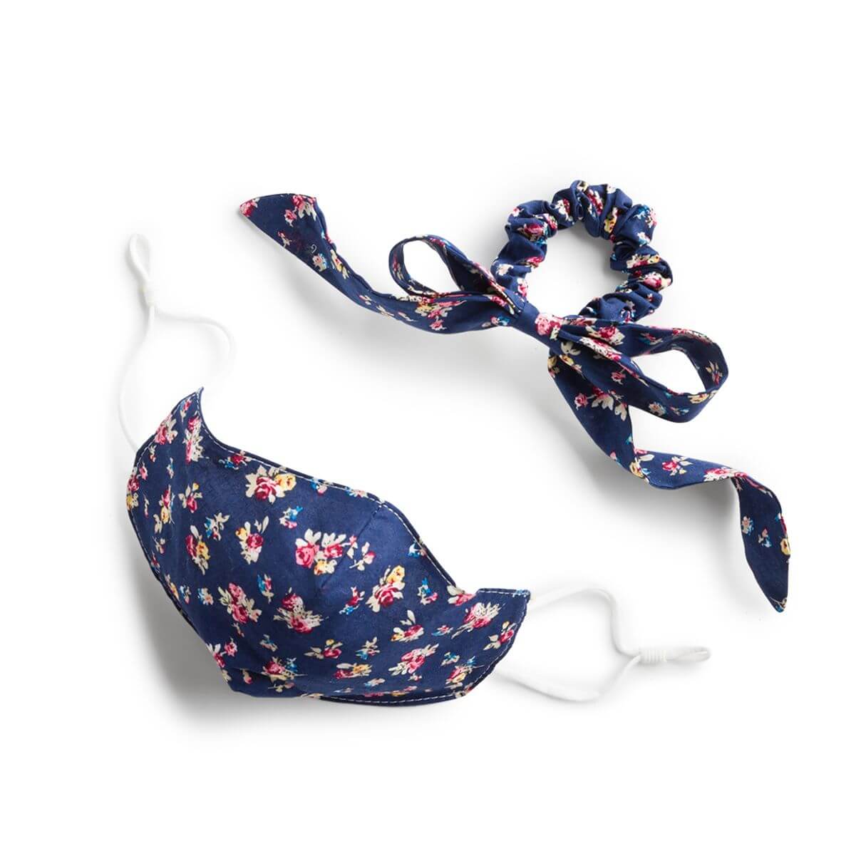 Stitch Fix Women’s Mask in navy floral print with matching hair scrunchie with bow detail.