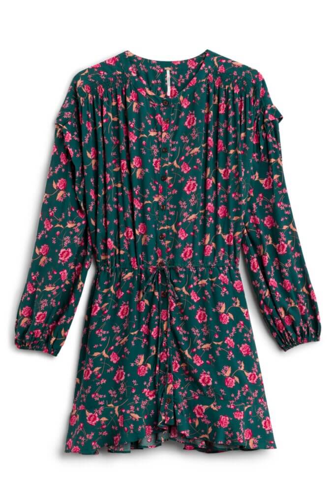 Stitch Fix women’s green long-sleeve mini dress with floral print.