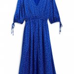 Stitch Fix Women’s blue printed v-neck midi dress with smocked waist and short-sleeves with tie details.