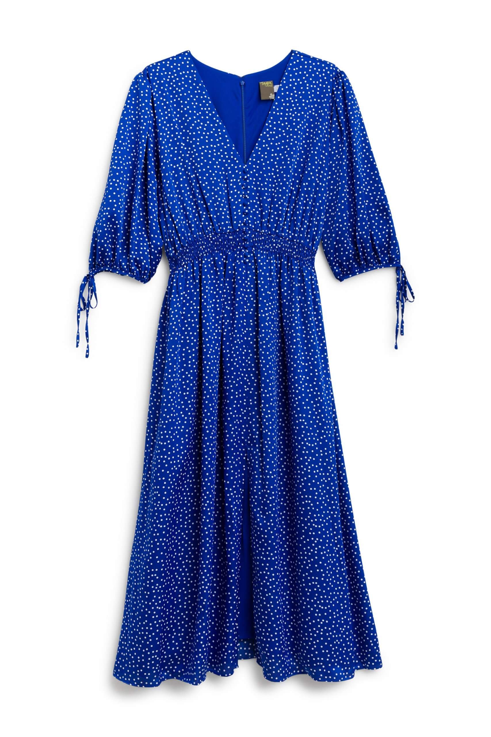 Stitch Fix Women’s blue printed v-neck midi dress with smocked waist and short-sleeves with tie details.