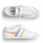 Stitch Fix women’s pink, blue and green accented white lace-up sneakers.