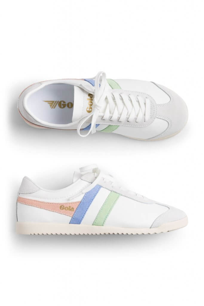 Stitch Fix women’s pink, blue and green accented white lace-up sneakers.