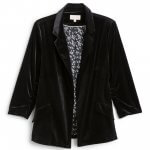 Stitch Fix Women’s black velvet boyfriend blazer with patterned lining.