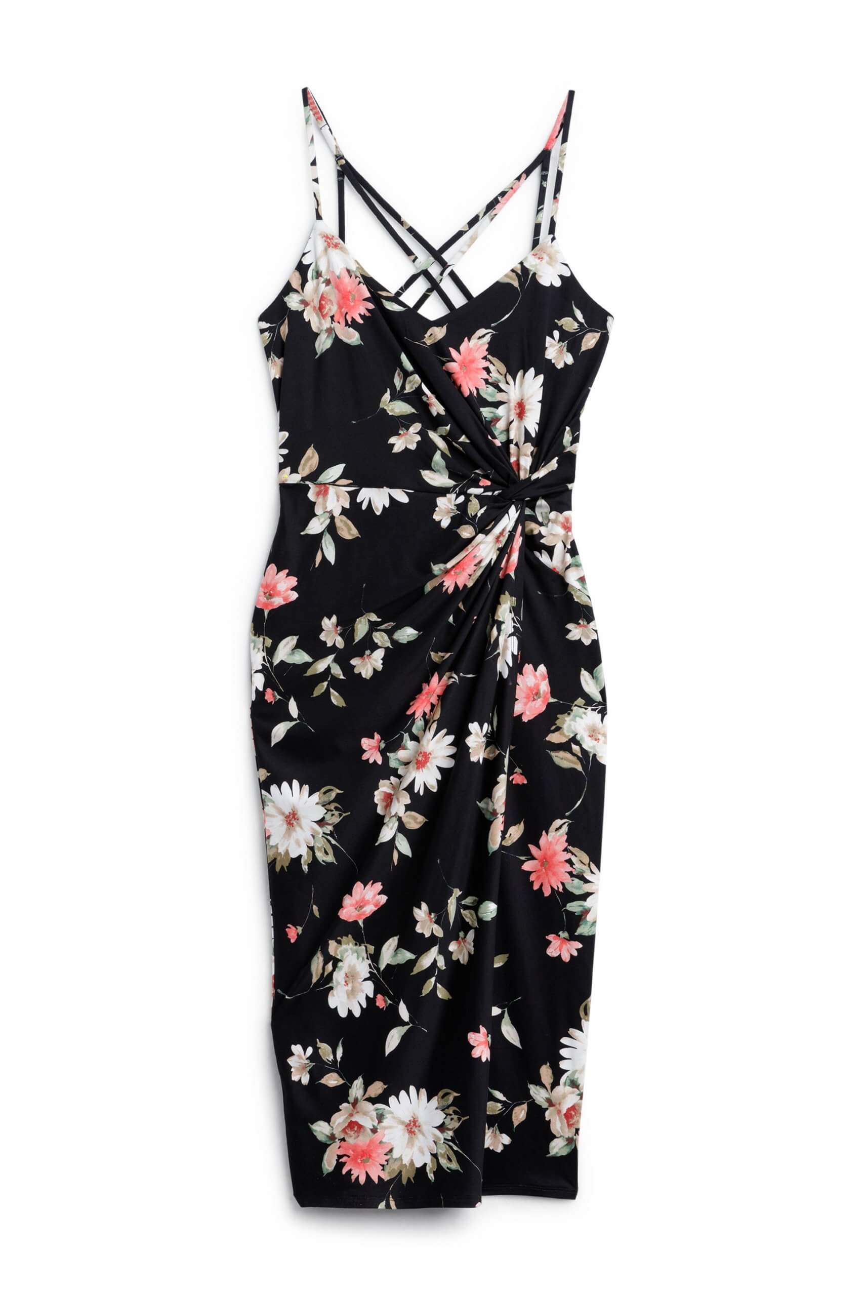 Stitch Fix women’s black floral wrap dress with cross-back straps.