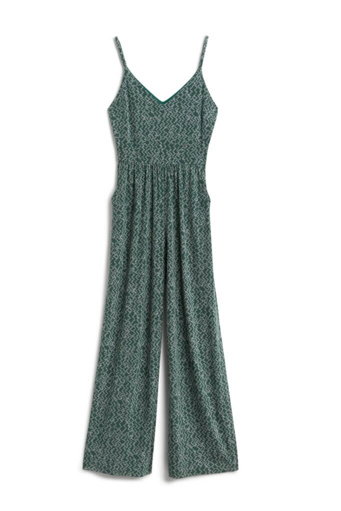 Stitch Fix Summer Cocktail Attire green jumpsuit with abstract grey print.