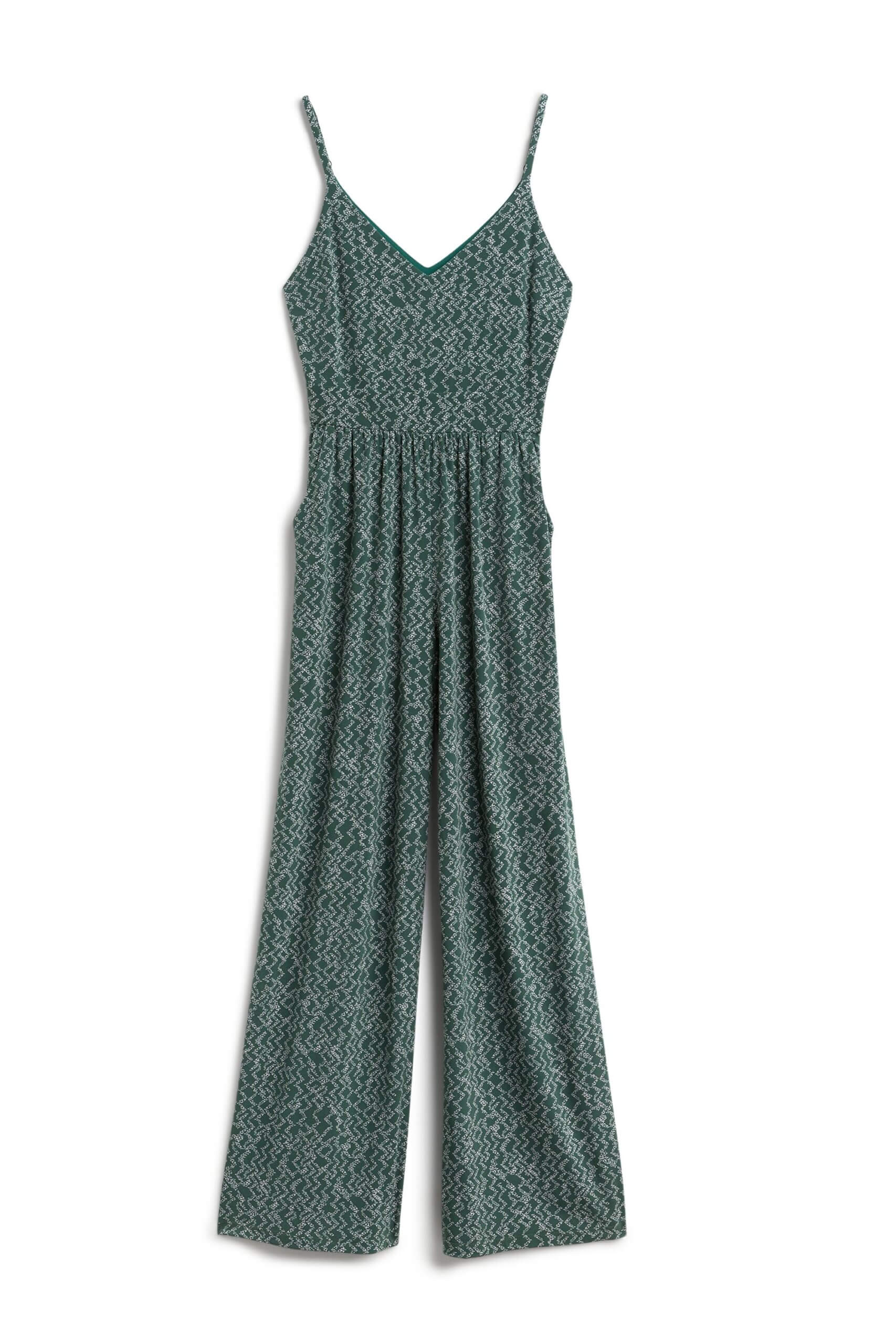 Stitch Fix Summer Cocktail Attire green jumpsuit with abstract grey print.