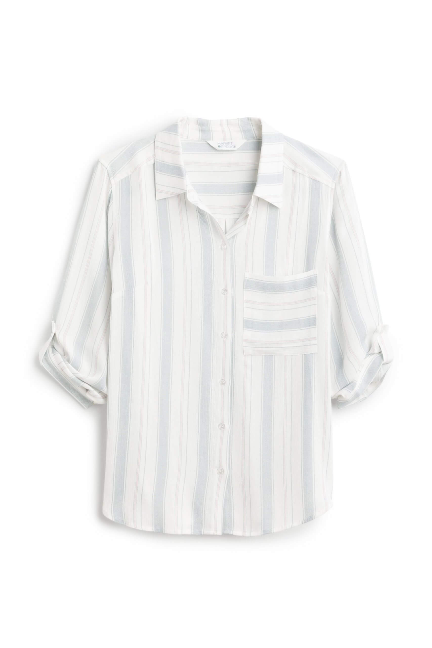 Stitch Fix Women’s white button-up with light grey stripes.