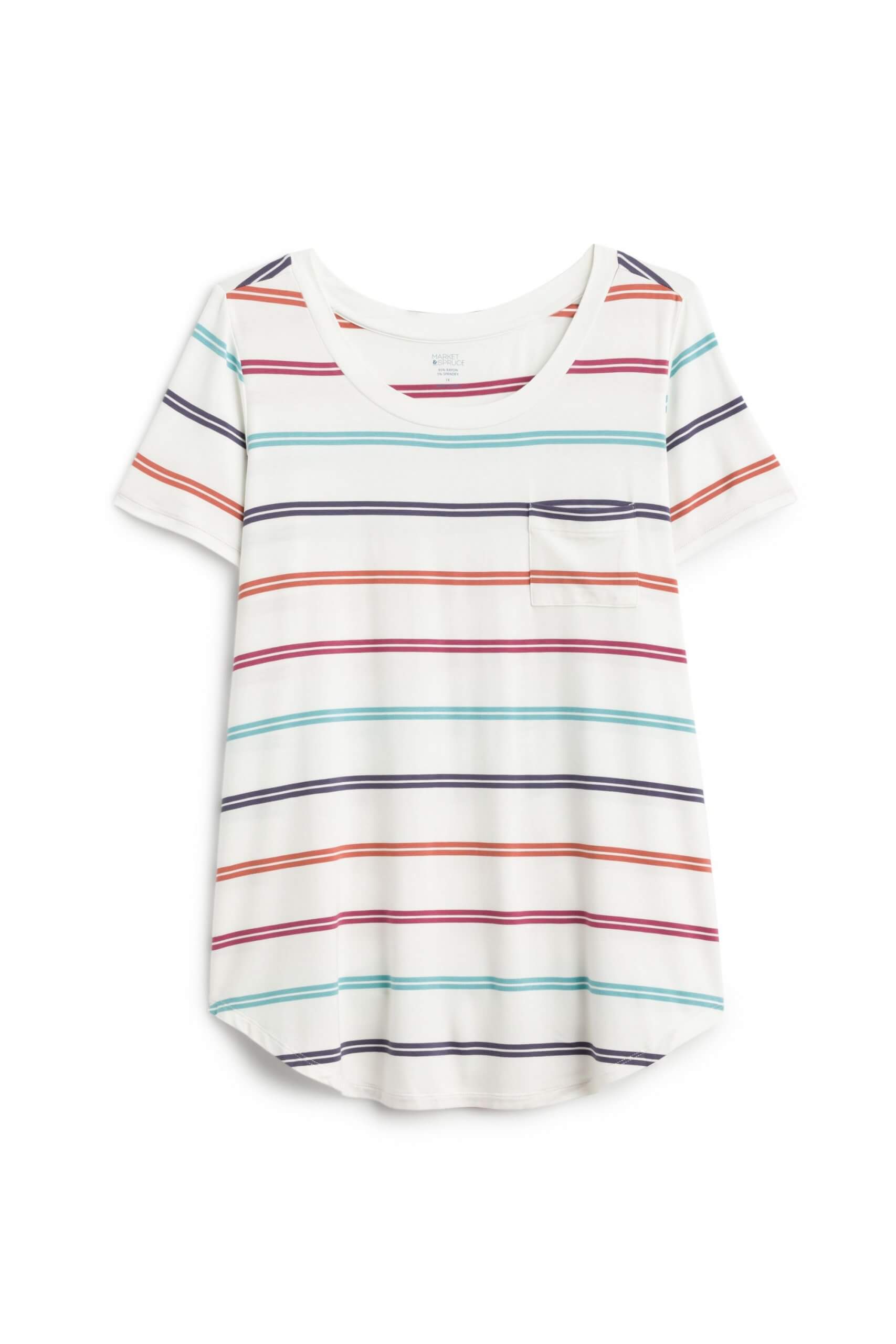 Stitch Fix women’s white T-shirt with orange, navy, blue and pink stripes.