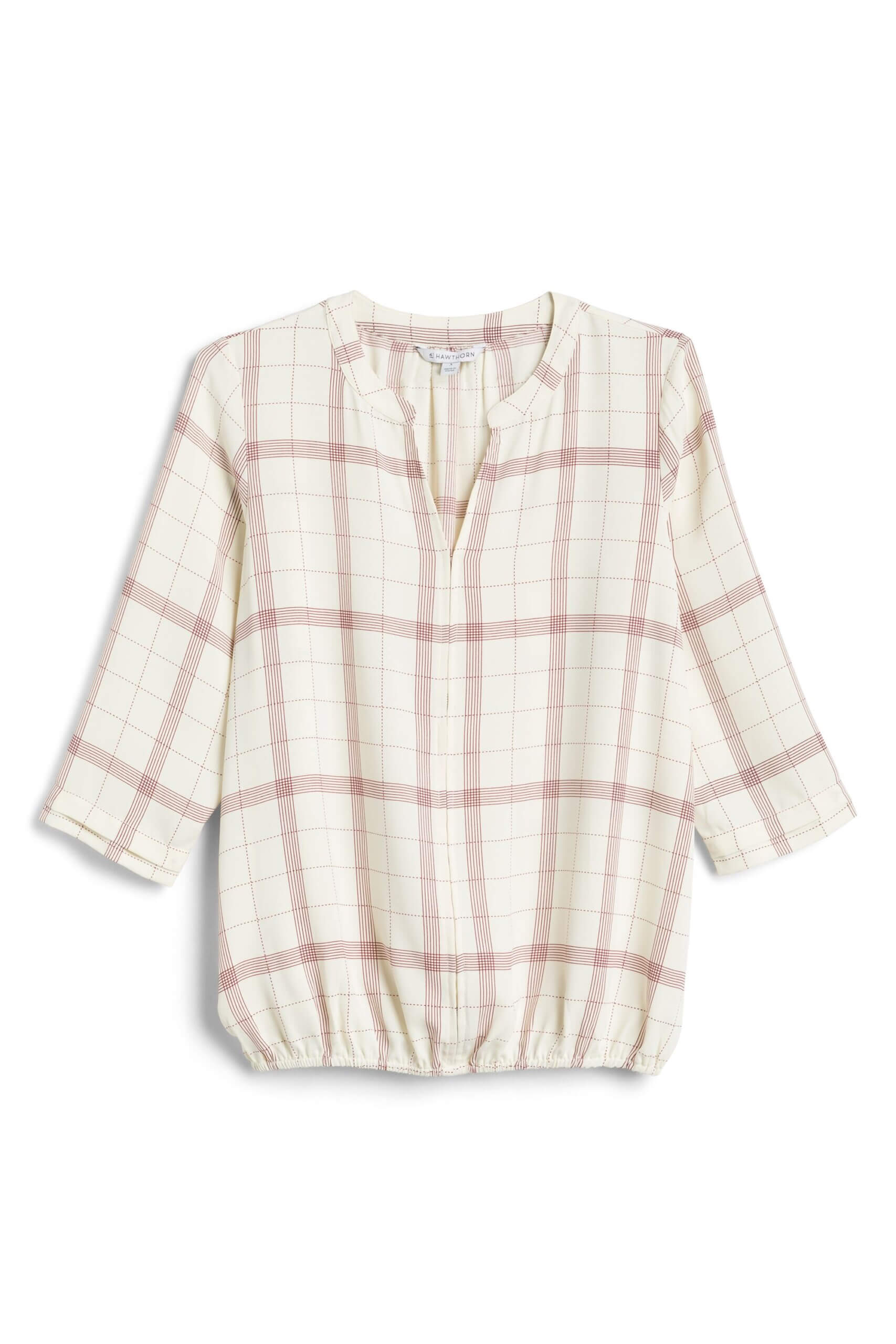 Stitch Fix women’s burgundy and off-white windowpane-plaid blouse with three-quarter sleeves and gathered hem.