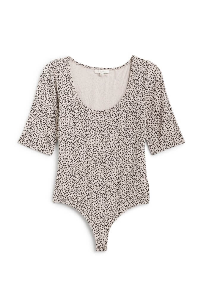 Stitch Fix women's black and white animal print scoop-neck bodysuit.