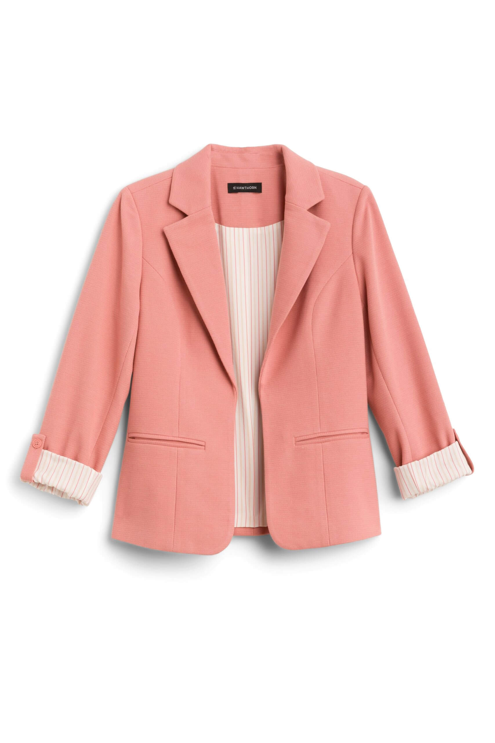 Stitch Fix women’s pink blazer with pinstripe lined cuffed and buttoned sleeves.